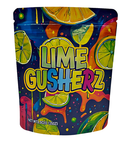 Mylar Bags Colorful packaging of Lime Gusherz with lime slices on a dark blue background