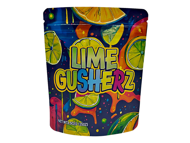 Mylar Bags Colorful packaging of Lime Gusherz with lime slices on a dark blue background