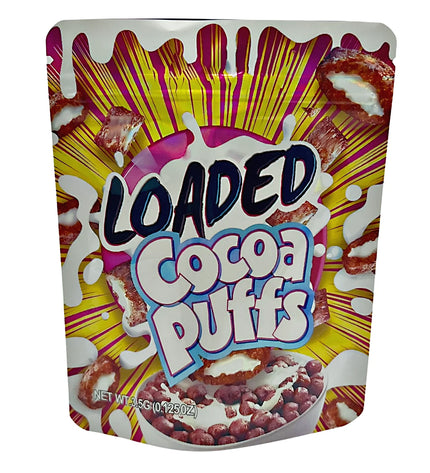 3.5G Mylar Bags, herb Mylar Bags, Where to buy mylar bags, Custom mylar bags near me, Mylar Bags Wholesale. Packaging of Loaded Cocoa Puffs with colorful design on a white background