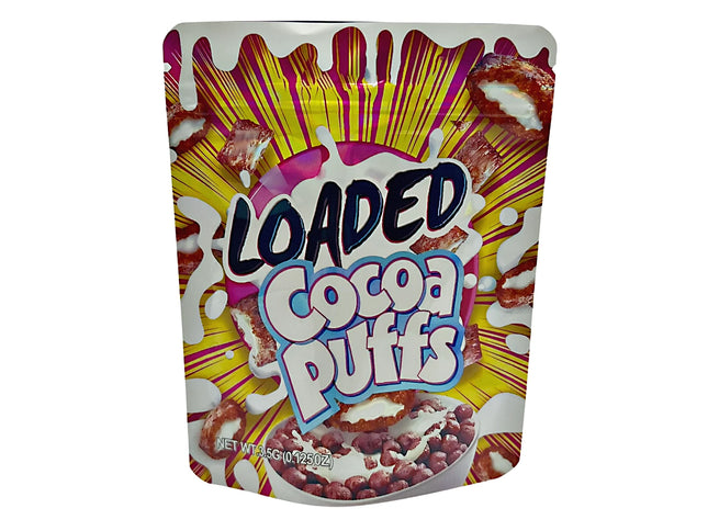 3.5G Mylar Bags, herb Mylar Bags, Where to buy mylar bags, Custom mylar bags near me, Mylar Bags Wholesale. Packaging of Loaded Cocoa Puffs with colorful design on a white background