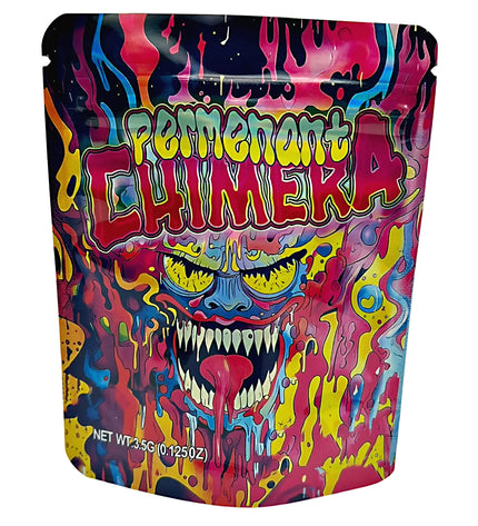 3.5G Mylar Bags, herb Mylar Bags, Where to buy mylar bags, Custom mylar bags near me, Mylar Bags Wholesale. Colorful packaging with a graphic design of a face and the text 'Permenant Chimera' on a white background.