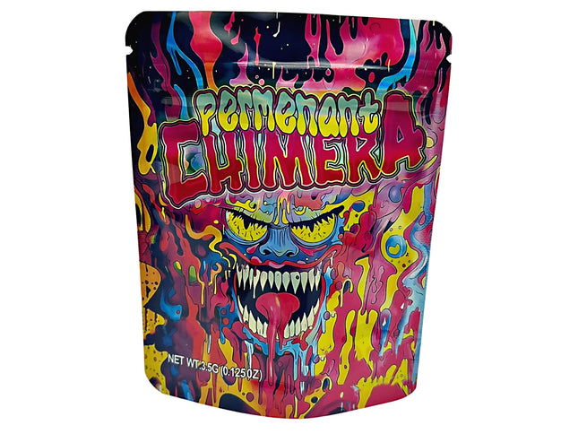 3.5G Mylar Bags, herb Mylar Bags, Where to buy mylar bags, Custom mylar bags near me, Mylar Bags Wholesale. Colorful packaging with a graphic design of a face and the text 'Permenant Chimera' on a white background.