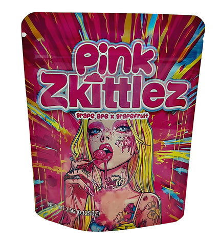 3.5G Mylar Bags, herb Mylar Bags, Where to buy mylar bags, Custom mylar bags near me, Mylar Bags Wholesale. Colorful packaging of Pink Zkittlez with a stylized woman's face and vibrant design.