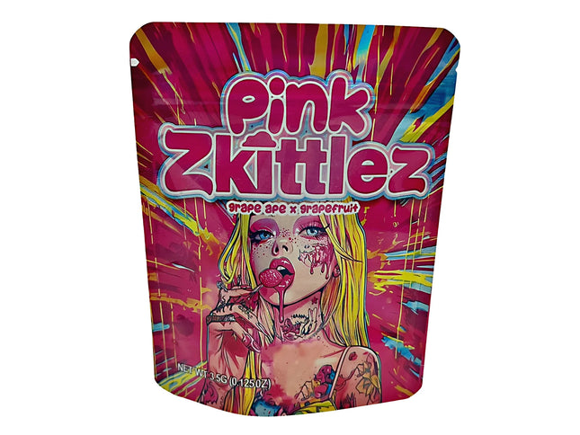 3.5G Mylar Bags, herb Mylar Bags, Where to buy mylar bags, Custom mylar bags near me, Mylar Bags Wholesale. Colorful packaging of Pink Zkittlez with a stylized woman's face and vibrant design.