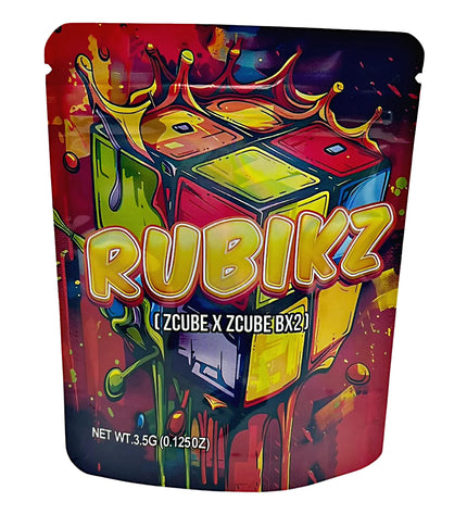 3.5G Mylar Bags, herb Mylar Bags, Where to buy mylar bags, Custom mylar bags near me, Mylar Bags Wholesale. Colorful packaging of Rubikz with a Rubik's Cube design on a white background
