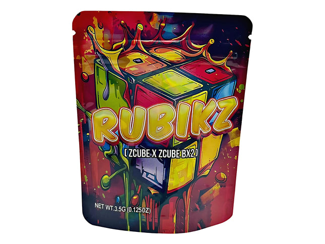 3.5G Mylar Bags, herb Mylar Bags, Where to buy mylar bags, Custom mylar bags near me, Mylar Bags Wholesale. Colorful packaging of Rubikz with a Rubik's Cube design on a white background
