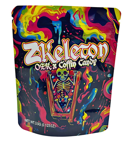 3.5G Mylar Bags, herb Mylar Bags, Where to buy mylar bags, Custom mylar bags near me, Mylar Bags Wholesale. Colorful packaging of Z Skeleton Ozk Coffin Candy with a skeleton design on a white background