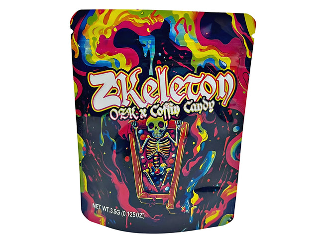 3.5G Mylar Bags, herb Mylar Bags, Where to buy mylar bags, Custom mylar bags near me, Mylar Bags Wholesale. Colorful packaging of Z Skeleton Ozk Coffin Candy with a skeleton design on a white background