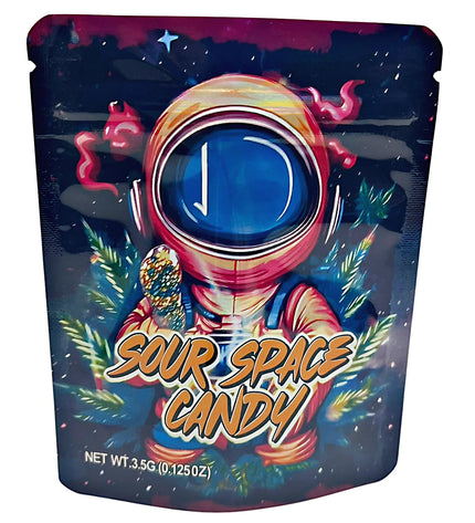 3.5G Mylar Bags, herb Mylar Bags, Where to buy mylar bags, Custom mylar bags near me, Mylar Bags Wholesale. Sour Space Candy packaging with an astronaut design on a dark background