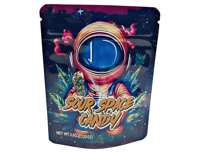 3.5G Mylar Bags, herb Mylar Bags, Where to buy mylar bags, Custom mylar bags near me, Mylar Bags Wholesale. Sour Space Candy packaging with an astronaut design on a dark background