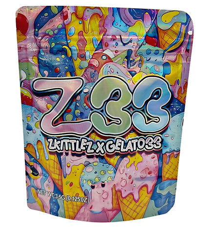 3.5G Mylar Bags, herb Mylar Bags, Where to buy mylar bags, Custom mylar bags near me, Mylar Bags Wholesale. Colorful packaging with 'Z33' branding and ice cream graphics on a white background