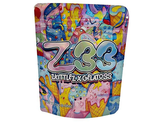 3.5G Mylar Bags, herb Mylar Bags, Where to buy mylar bags, Custom mylar bags near me, Mylar Bags Wholesale. Colorful packaging with 'Z33' branding and ice cream graphics on a white background