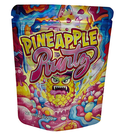 3.5G Mylar Bags, herb Mylar Bags, Where to buy mylar bags, Custom mylar bags near me, Mylar Bags Wholesale. Colorful packaging of Pineapple Runtz candy with a cartoon pineapple character on a white background.