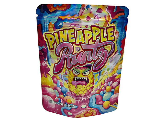 3.5G Mylar Bags, herb Mylar Bags, Where to buy mylar bags, Custom mylar bags near me, Mylar Bags Wholesale. Colorful packaging of Pineapple Runtz candy with a cartoon pineapple character on a white background.