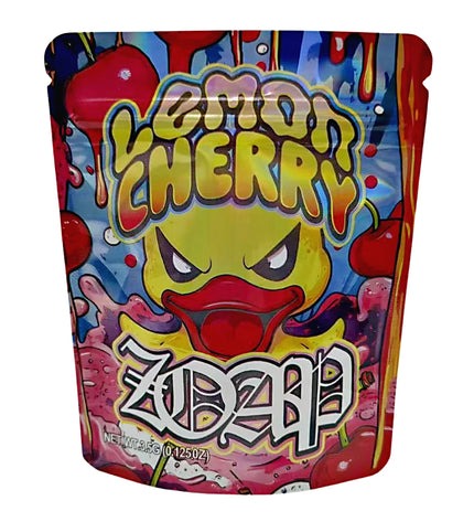 3.5G Mylar Bags, herb Mylar Bags, Where to buy mylar bags, Custom mylar bags near me, Mylar Bags Wholesale. Colorful packaging of Lemon Cherry Zobap with cartoon character on a white background