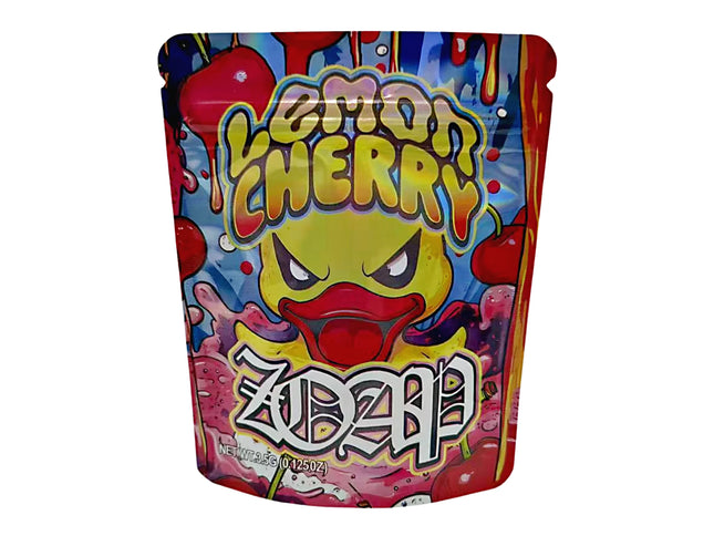 3.5G Mylar Bags, herb Mylar Bags, Where to buy mylar bags, Custom mylar bags near me, Mylar Bags Wholesale. Colorful packaging of Lemon Cherry Zobap with cartoon character on a white background