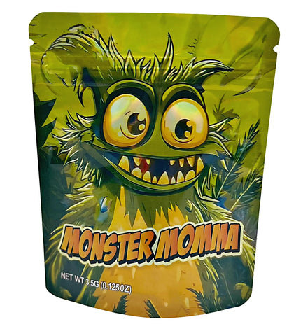 3.5G Mylar Bags, herb Mylar Bags, Where to buy mylar bags, Custom mylar bags near me, Mylar Bags Wholesale. Green packaging with a cartoon monster face and 'Monster Momma' text on a white background