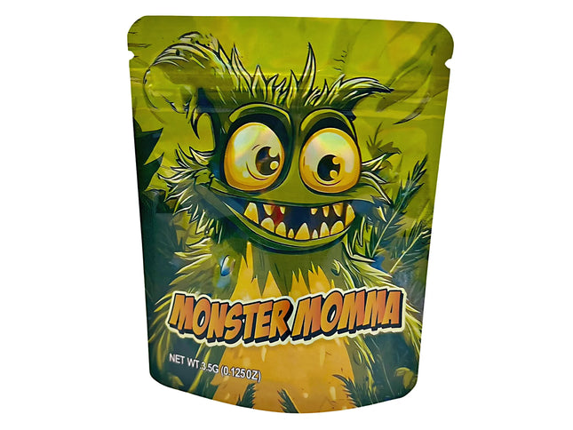3.5G Mylar Bags, herb Mylar Bags, Where to buy mylar bags, Custom mylar bags near me, Mylar Bags Wholesale. Green packaging with a cartoon monster face and 'Monster Momma' text on a white background