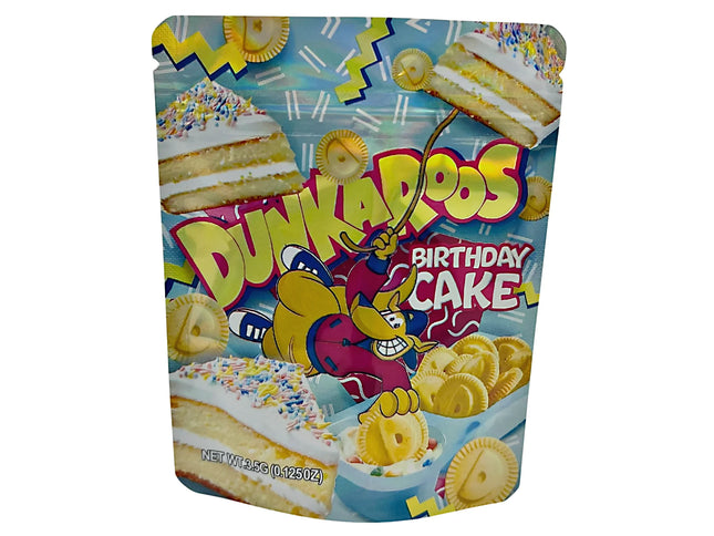 3.5G Mylar Bags, herb Mylar Bags, Where to buy mylar bags, Custom mylar bags near me, Mylar Bags Wholesale. Dunkaroos Birthday Cake flavor packaging with cartoon character and birthday-themed design.