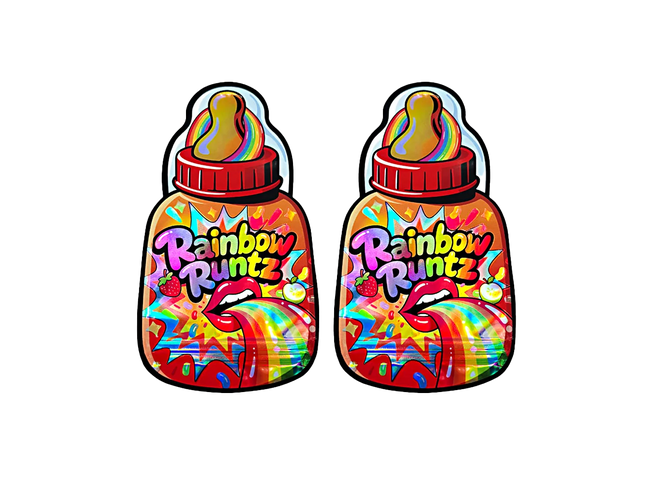 Baby Bottle Mylar bag 3.5g, herb Mylar Bags, Where to buy mylar bags, Custom mylar bags near me, Mylar Bags Wholesale. Two colorful bottles of Rainbow Runtz on a white background