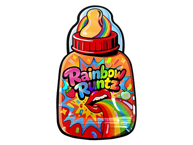 Baby Bottle Mylar bag 3.5g, herb Mylar Bags, Where to buy mylar bags, Custom mylar bags near me, Mylar Bags Wholesale. Colorful bottle-shaped container with 'Rainbow Runtz' text on a white background