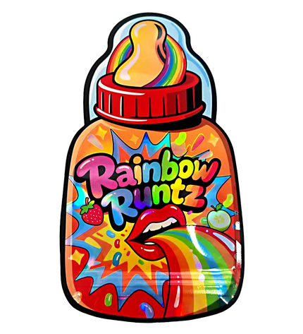 Baby Bottle Mylar bag 3.5g, herb Mylar Bags, Where to buy mylar bags, Custom mylar bags near me, Mylar Bags Wholesale. Colorful bottle-shaped container with 'Rainbow Runtz' text on a white background