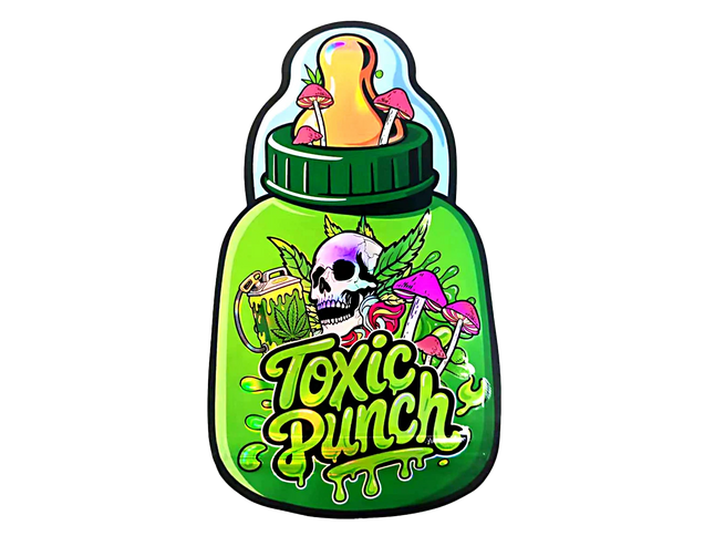 Baby Bottle Mylar bag 3.5g, herb Mylar Bags, Where to buy mylar bags, Custom mylar bags near me, Mylar Bags Wholesale. 3.5g Designer Toxic Punch Shaped Mylar Bag 