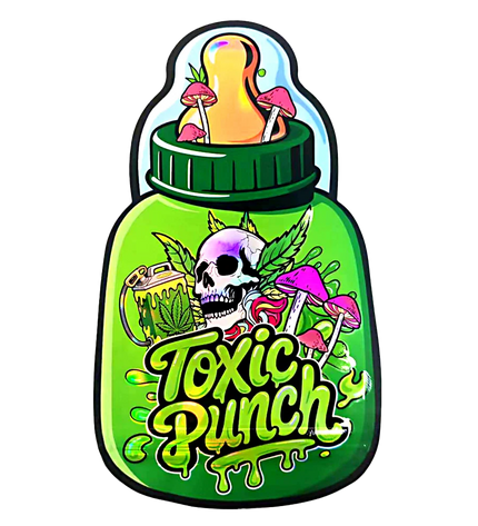 Baby Bottle Mylar bag 3.5g, herb Mylar Bags, Where to buy mylar bags, Custom mylar bags near me, Mylar Bags Wholesale. 3.5g Designer Toxic Punch Shaped Mylar Bag 