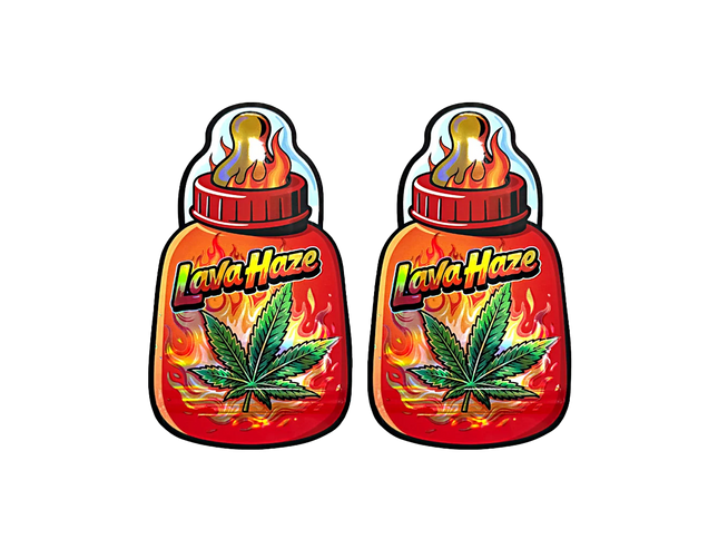 Baby Bottle Mylar bag 3.5g, herb Mylar Bags, Where to buy mylar bags, Custom mylar bags near me, Mylar Bags Wholesale. Two 'Lava Haze' vape juice bottles with flames and a herb leaf on a white background.