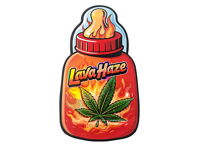 Baby Bottle Mylar bag 3.5g, herb Mylar Bags, Where to buy mylar bags, Custom mylar bags near me, Mylar Bags Wholesale. Lava Haze product packaging with flames and a herb leaf on a white background