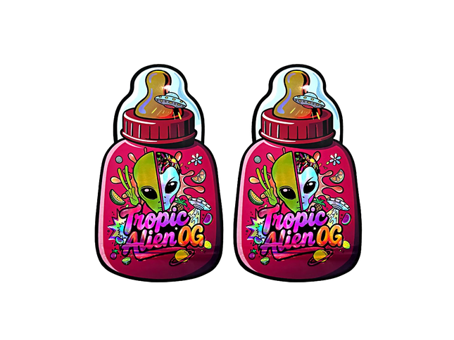 Baby Bottle Mylar bag 3.5g, herb Mylar Bags, Where to buy mylar bags, Custom mylar bags near me, Mylar Bags Wholesale. Two colorful 'Tropic Alien OG' bottle-shaped containers on a white background