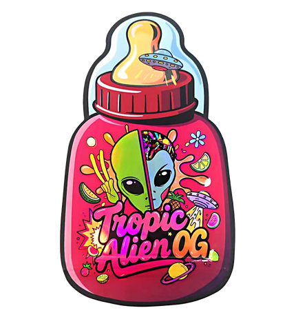 Baby Bottle Mylar bag 3.5g, herb Mylar Bags, Where to buy mylar bags, Custom mylar bags near me, Mylar Bags Wholesale. Colorful bottle-shaped container with alien design and 'Tropic Alien OG' text on a white background