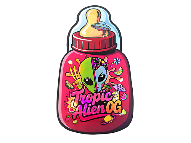 Baby Bottle Mylar bag 3.5g, herb Mylar Bags, Where to buy mylar bags, Custom mylar bags near me, Mylar Bags Wholesale. Colorful bottle-shaped container with alien design and 'Tropic Alien OG' text on a white background