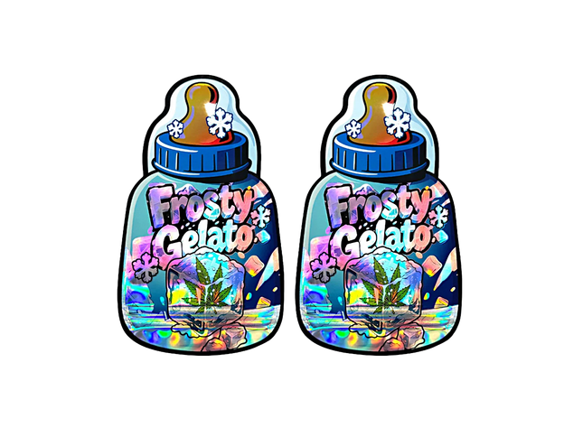 Baby Bottle Mylar bag 3.5g, herb Mylar Bags, Where to buy mylar bags, Custom mylar bags near me, Mylar Bags Wholesale. Two holographic stickers of a baby bottle labeled 'Frosty Gelato' with a herb leaf design.