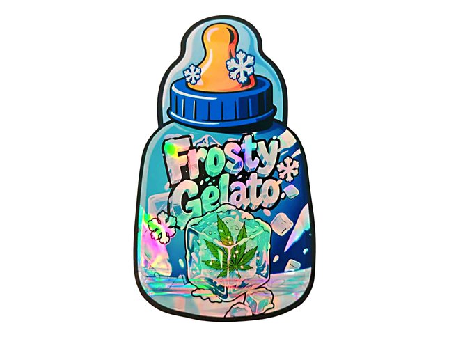 Baby Bottle Mylar bag 3.5g, herb Mylar Bags, Where to buy mylar bags, Custom mylar bags near me, Mylar Bags Wholesale. Frosty Gelato ice cream container with a blue lid and colorful design on a white background