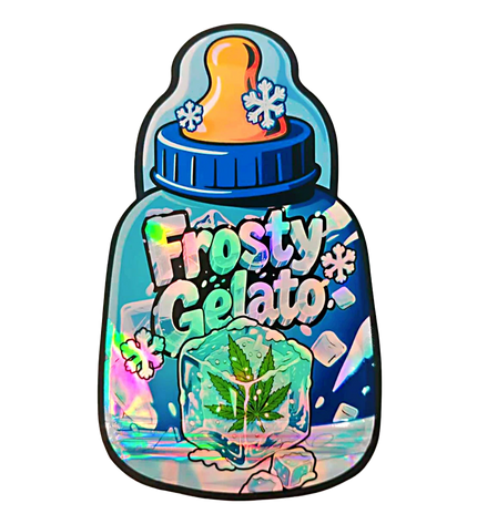 Baby Bottle Mylar bag 3.5g, herb Mylar Bags, Where to buy mylar bags, Custom mylar bags near me, Mylar Bags Wholesale. Frosty Gelato ice cream container with a blue lid and colorful design on a white background