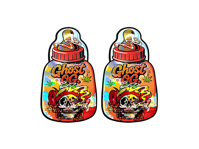 Baby Bottle Mylar bag 3.5g, herb Mylar Bags, Where to buy mylar bags, Custom mylar bags near me, Mylar Bags Wholesale. Two colorful 'Ghost OG' vape juice bottles with a skull design on a white background.