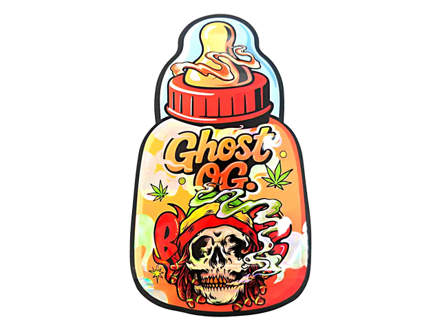 Baby Bottle Mylar bag 3.5g, herb Mylar Bags, Where to buy mylar bags, Custom mylar bags near me, Mylar Bags Wholesale. Colorful bottle-shaped logo with 'Ghost OG' text and skull design on a white background
