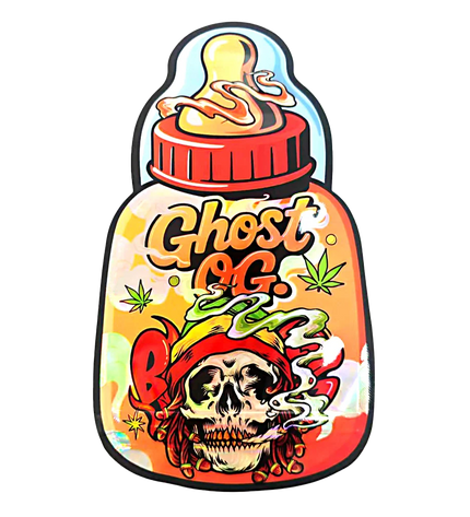 Baby Bottle Mylar bag 3.5g, herb Mylar Bags, Where to buy mylar bags, Custom mylar bags near me, Mylar Bags Wholesale. Colorful bottle-shaped logo with 'Ghost OG' text and skull design on a white background