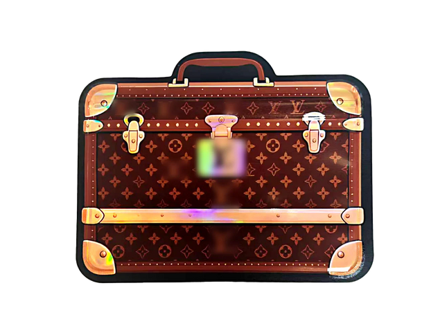 Suitcase Mylar bag 3.5g, herb Mylar Bags, Where to buy mylar bags, Custom mylar bags near me, Mylar Bags Wholesale. Brown suitcase with gold accents and a visible brand logo on a white background