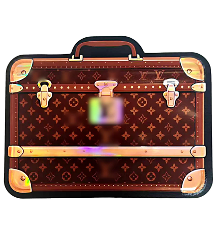 Suitcase Mylar bag 3.5g, herb Mylar Bags, Where to buy mylar bags, Custom mylar bags near me, Mylar Bags Wholesale. Brown suitcase with gold accents and a visible brand logo on a white background