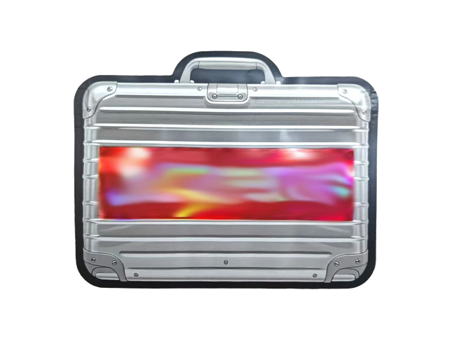 Mylar Bags Silver briefcase with colorful design on a white background