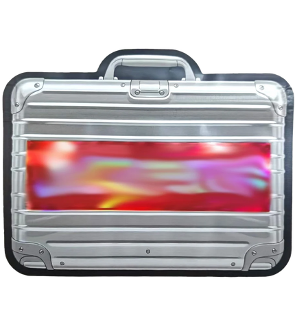 Mylar Bags Silver briefcase with colorful design on a white background