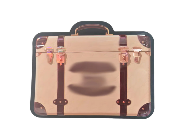 Mylar Bags  Beige suitcase with brown straps on a white background