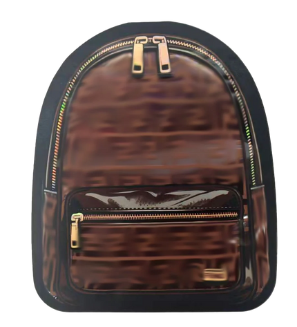 Mylar Bags Backpack with brown pattern and gold zippers on a white background