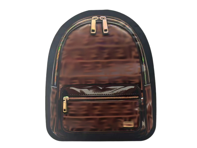 Mylar Bags Backpack with brown pattern and gold zippers on a white background