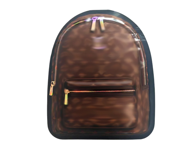 Mylar Bags  Brown backpack with gold zippers on a white background