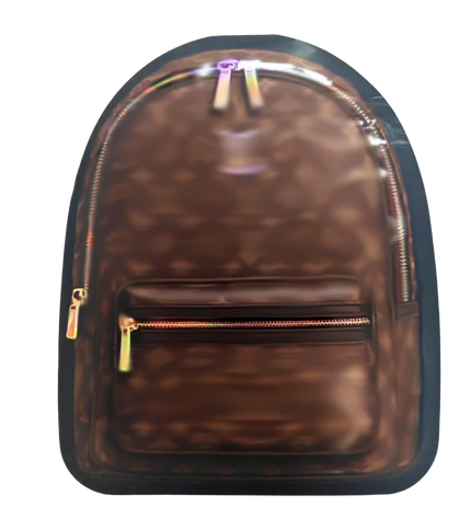 Mylar Bags  Brown backpack with gold zippers on a white background