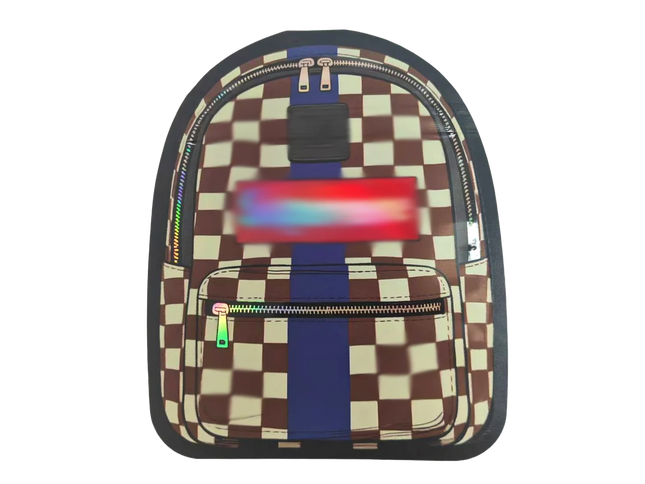 Checkered Mylar Bags backpack with colorful accents on a white background