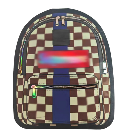 Checkered Mylar Bags backpack with colorful accents on a white background